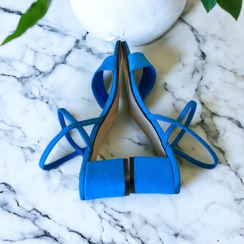 Y2K Madeline NEW Ruby Blue Satin Strappy Heels 7.5 Square Toe Block Heel - Picture 7 of 11